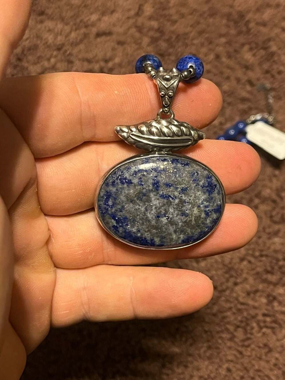 Sterling Silver 925 Lapis Lazuli Bead Necklace with Oval Pendant